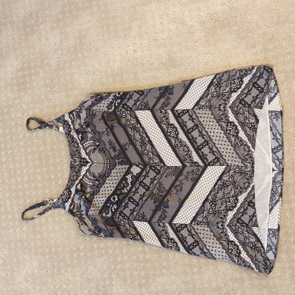 CABI Monaco tunic, black and cream place. Lace tank top, adjustable straps